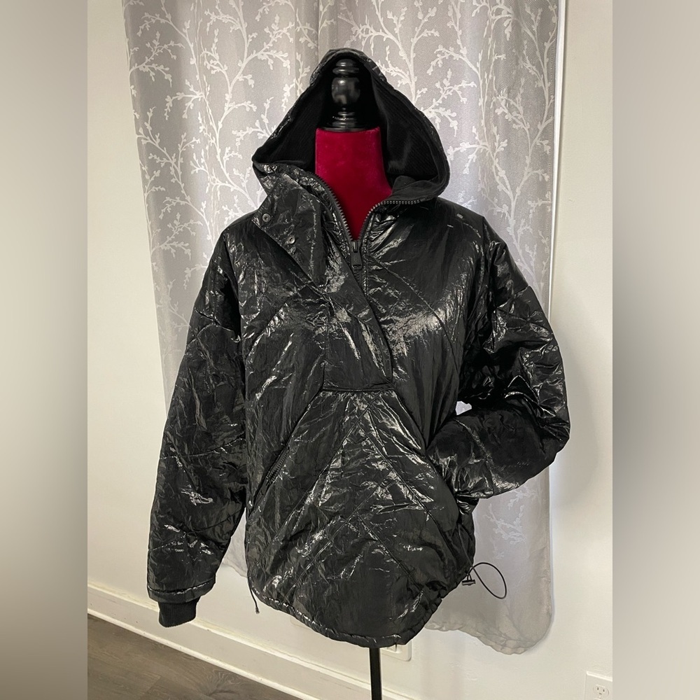 FP Movement by Free People Shiny Black Hooded Puffer Jacket Unisex